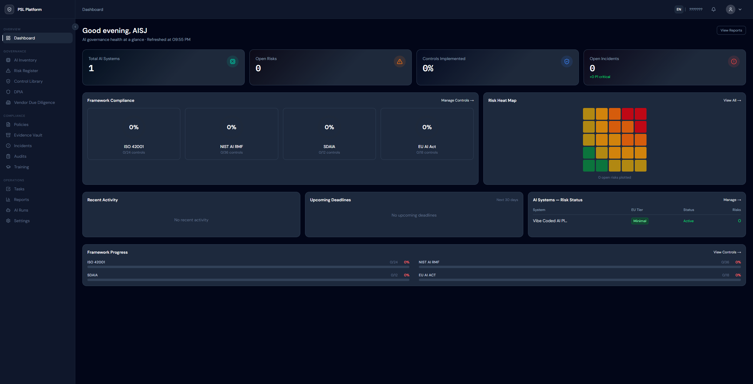 PSL Platform Dashboard — AI Governance overview with framework compliance rings and risk heat map